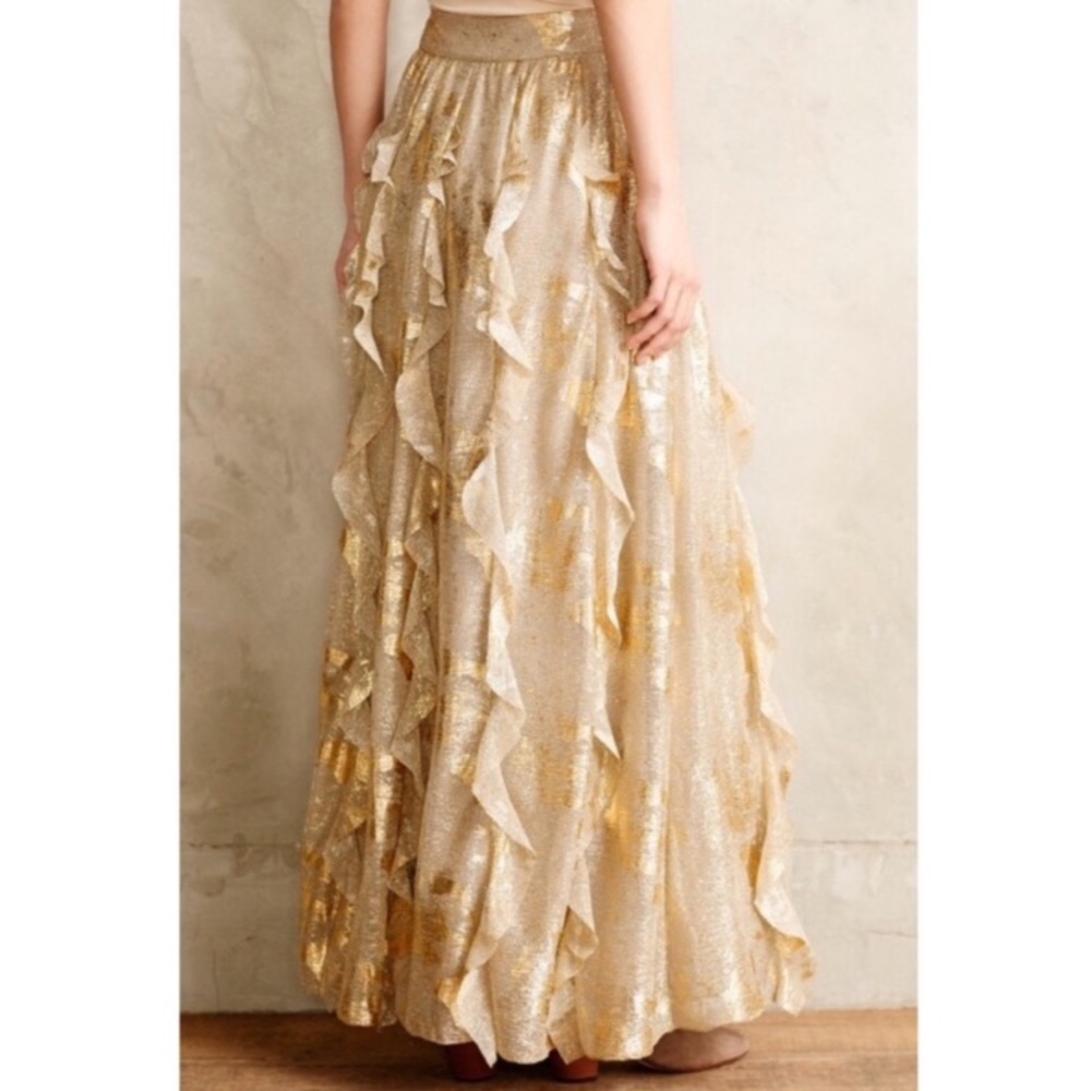 Moulinette Soeurs Gold Metallic Ruffled Maxi Skirt
